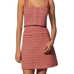 SANDRO SKIRT Red/ White Tweed Mini Skirt with pearl pocket detailing. NWT Sz 8
